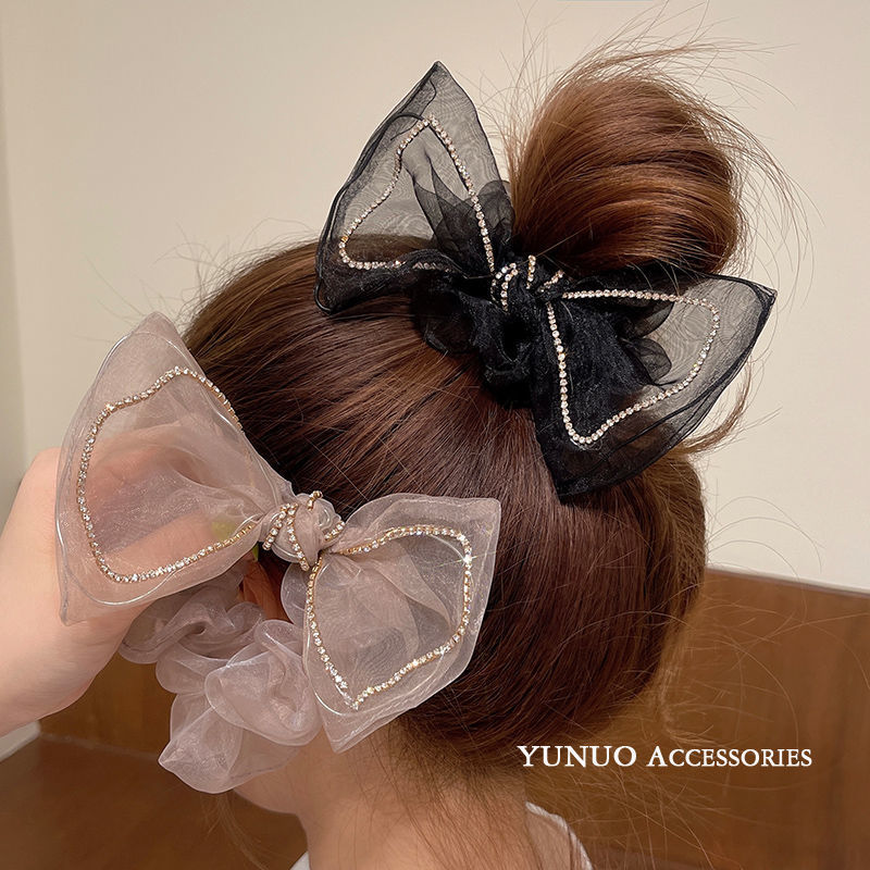 Korean Delicate Rhinestone Bowknot Hair Ring Girls Temperament Bun Elastic Band Hair Rope Headdress Online Influencer Head String Summer