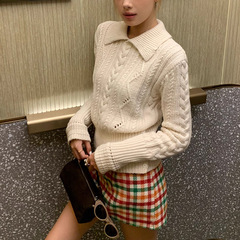 慵懒风云母莫桑 麻花纹翻领毛衣女2025秋季新款修身短款针织上衣