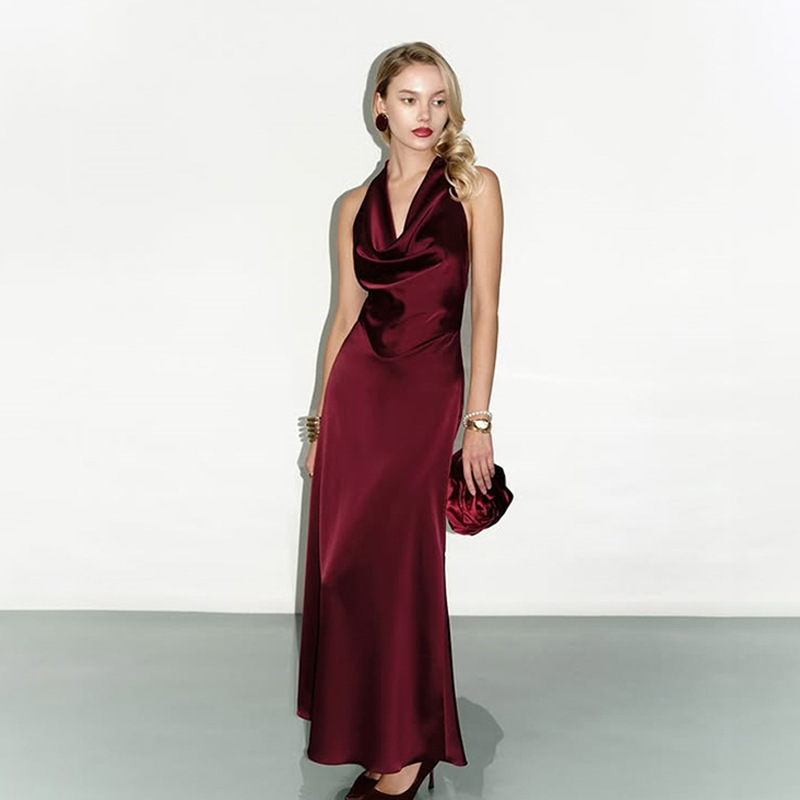 European and American style foreign trade new low-cut neck swing collar fashion sexy backless wine red slim-fit temperament satin dress