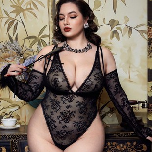 Cross-border European and American style winter new sexy lace deep V perspective lace-up gloves fun jumpsuit suit 3463