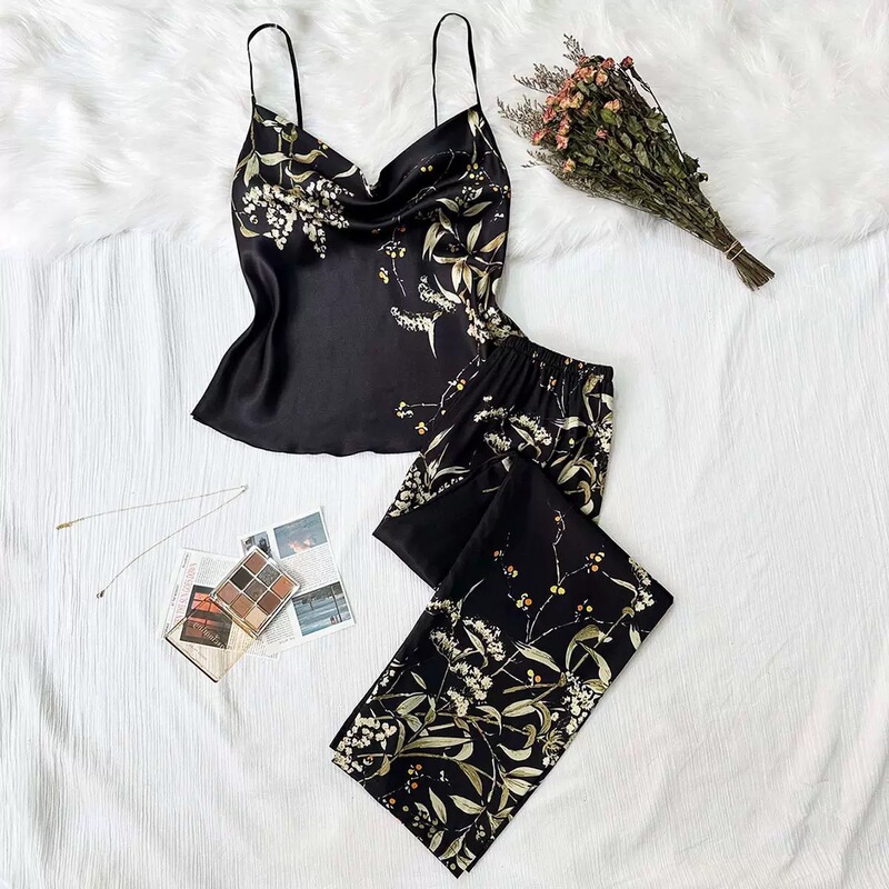 European and American style printed satin pajama set for women, summer two-piece home wear with camisole and long pants European and American style printed satin pajama set for women, summer two-piece home wear with camisole and long pants