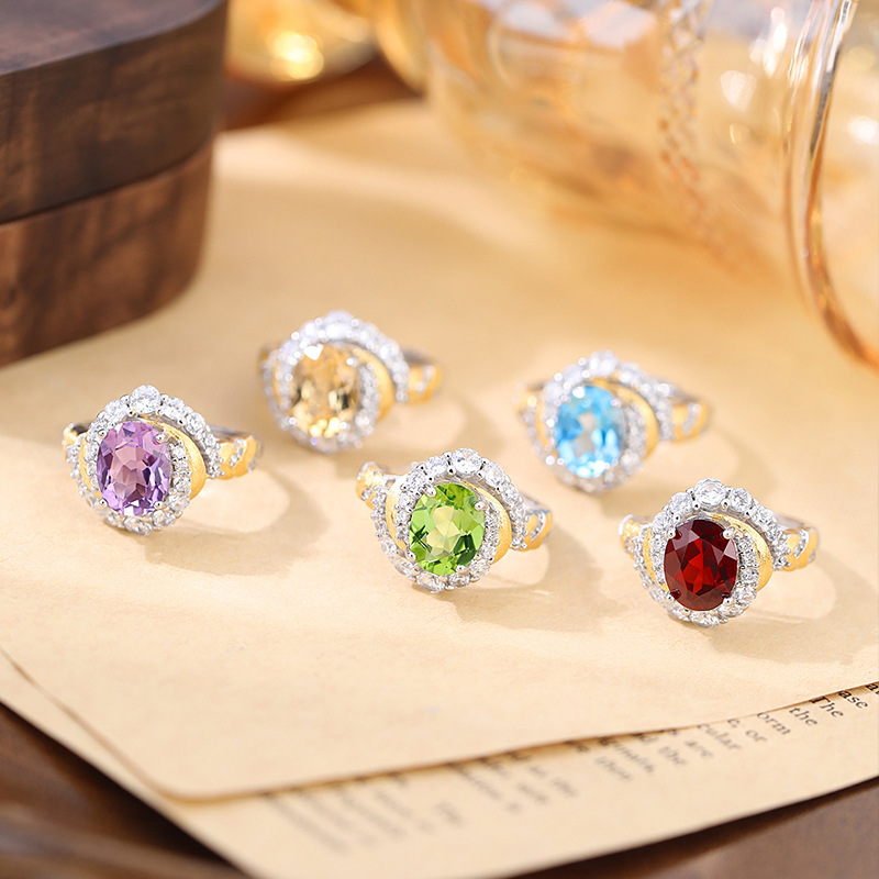 Diseño creativo Anillo de mástil natural S925 Anillo sin color de plata esterlina Mujer Comercio exterior Transmisión en vivo Enchapado explosivo Segmentación de color