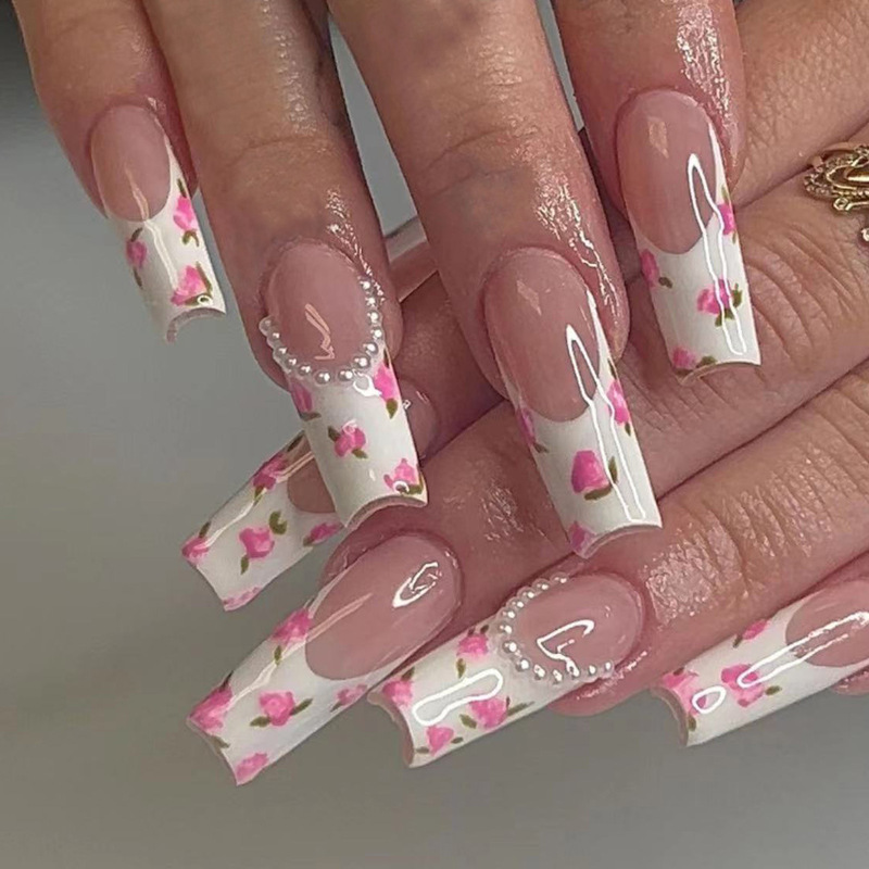 Super Long Water Pipe Armor Pink Rose Fake Nail Simple White French Fake Nail European and American Popular Nail Art Patch