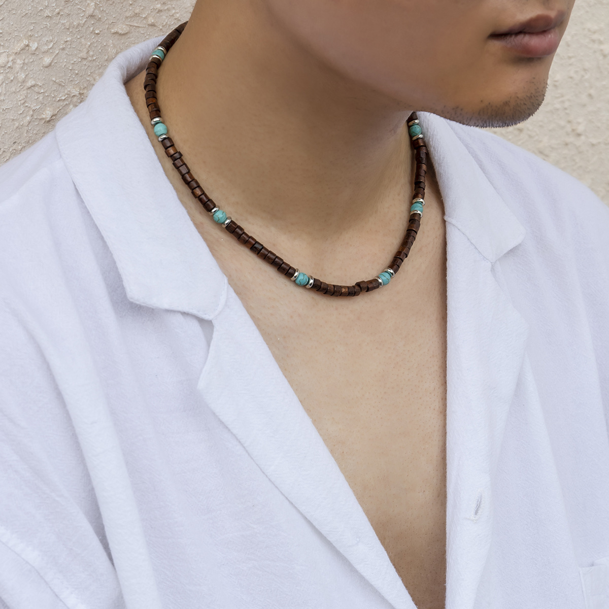 1 Piece Retro Color Block Wood Turquoise Beaded Men's Necklace display picture 3