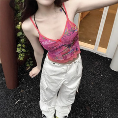 2025泰式街頭個性印花吊帶背心女透視網紗拼接辣妹修身美背上衣