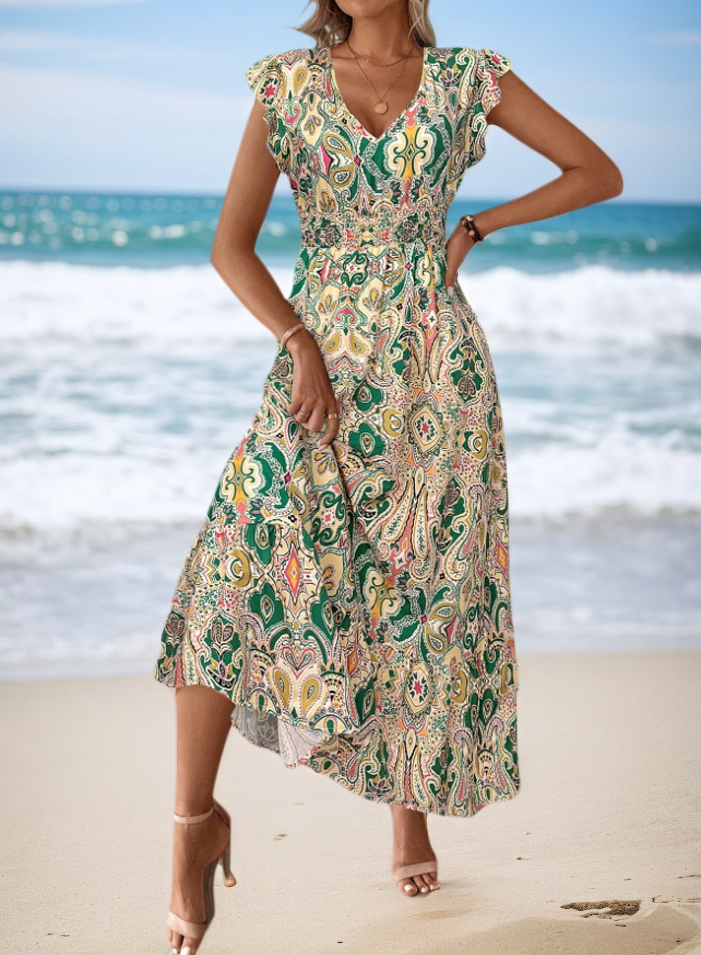 European And American Summer Bohemian Beach Vacation Style Printed Women's Cross-Border Waist-Cinching Long Dress_ecoleips.com