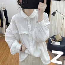 元宝领灯笼袖纯棉长袖衬衫女韩国春秋荷叶边减龄上衣复古打底衫衣