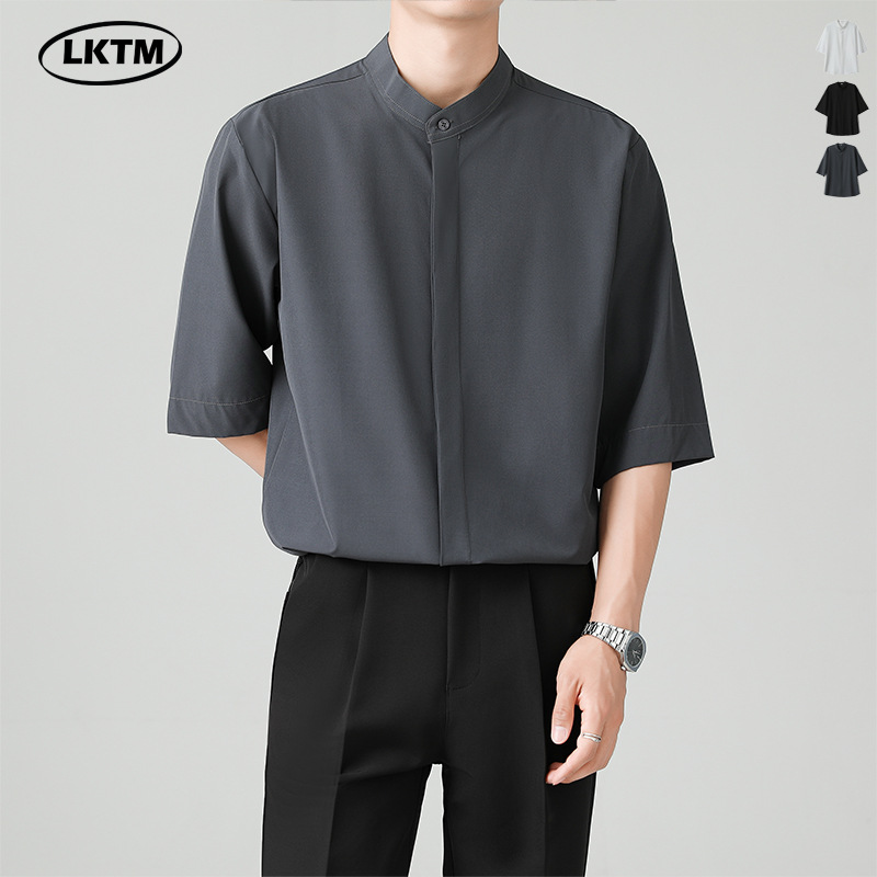 LKTM男装 夏季新中式立领短袖衬衫男士高级感痞帅冰丝垂感半袖衫