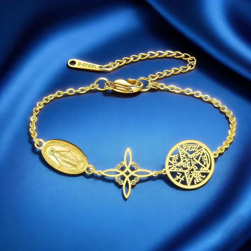 Vintage Stainless Steel Triple Protection Bracelet with Virgin Mary, Witch Knot, Pentagram, and Witch Knot Combination Adjustable Bracelet Vintage Stainless Steel Triple Protection Bracelet with Virgin Mary, Witch Knot, Pentagram, and Witch Knot Combination Adjustable Bracelet