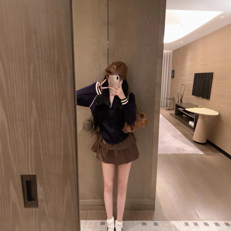 mi u提花拉链针织毛衣外套+减龄贴皮刺绣皮裙女25早秋8月减龄套装|undefined