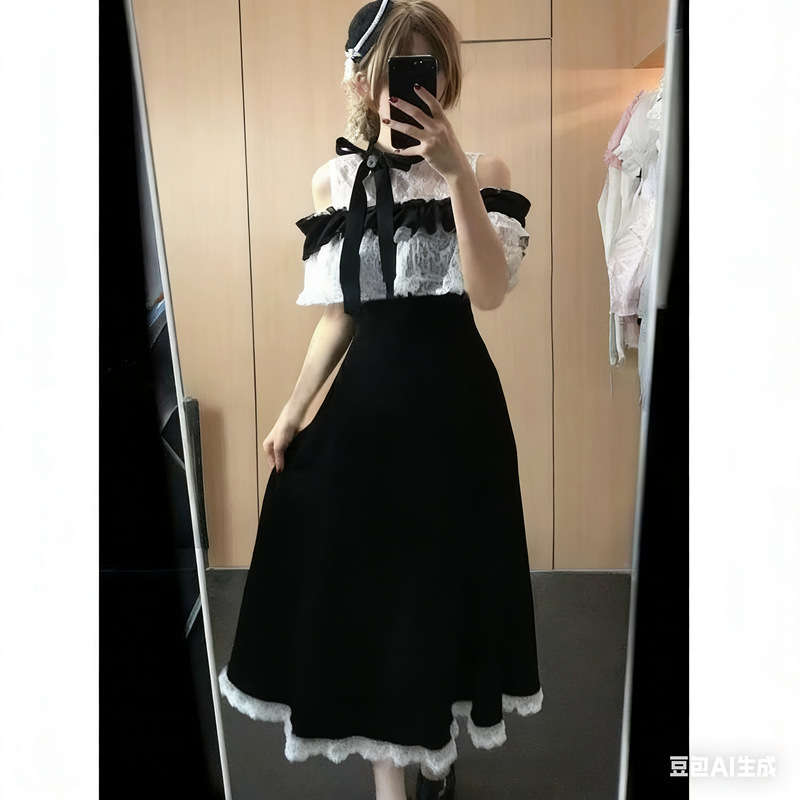 Lace Sweet Design Cape Dress, Elegant Summer New Style, Bow-Tie Short-Sleeved Waist-Cinching Slimming Long Dress