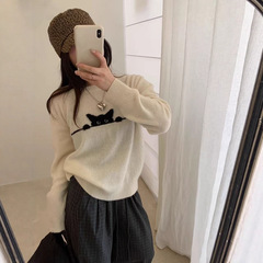 卡通猫咪提花全毛软糯套头针织衫上衣女2025秋季新款慵懒百搭毛衣