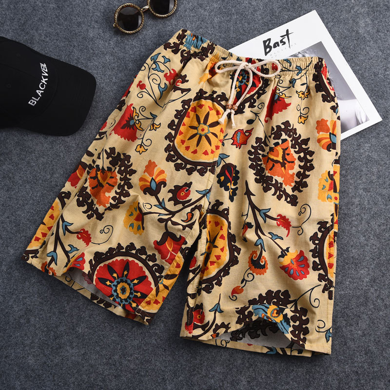 Cotton and linen printed five-point shorts for men, casual sports, loose fit, plus size, printed beach shorts, thin style