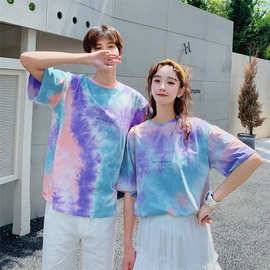 扎染字母印花情侣装夏装韩国新款宽松短袖T恤