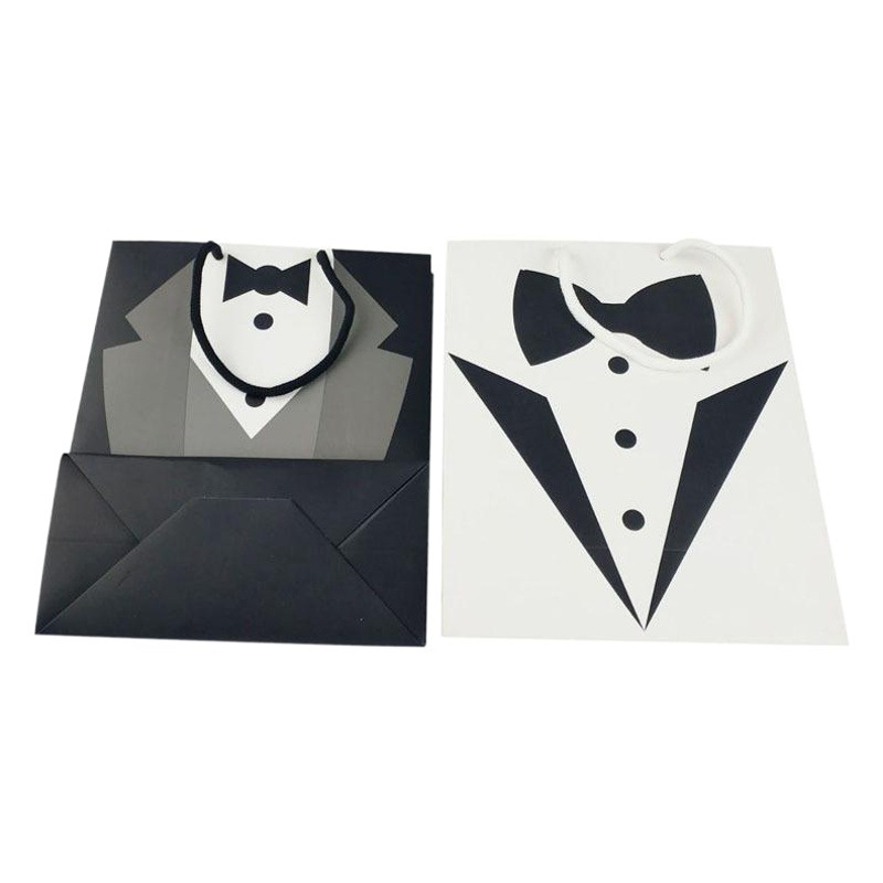 En stock blanco al por mayor bolsa de cartón regalo de mano bolsa de papel blanco y negro vestido bolso de compras bolsa de almacenamiento bolsa de embalaje