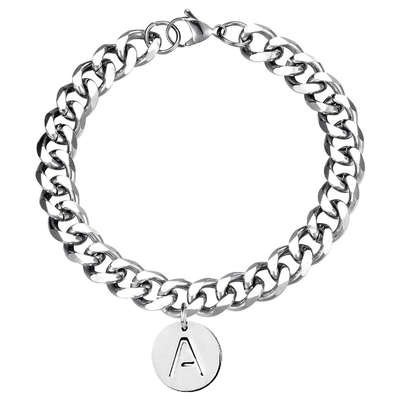 European and American Simple Stainless Steel Jewelry 26 Initial Letter Tag Charm Bracelet Thick Thick Chain Men's and Women's Hand Jewelry