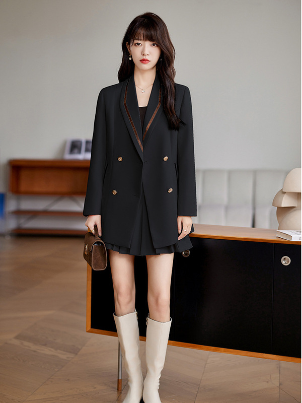 Brown casual suit + pleated skirt suit women's 2023 Autumn New Focus wear sense two-piece suit
