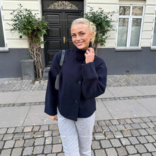 跨境欧美2025秋冬新款女装亚马逊气质优雅立领纽扣长袖毛呢外套