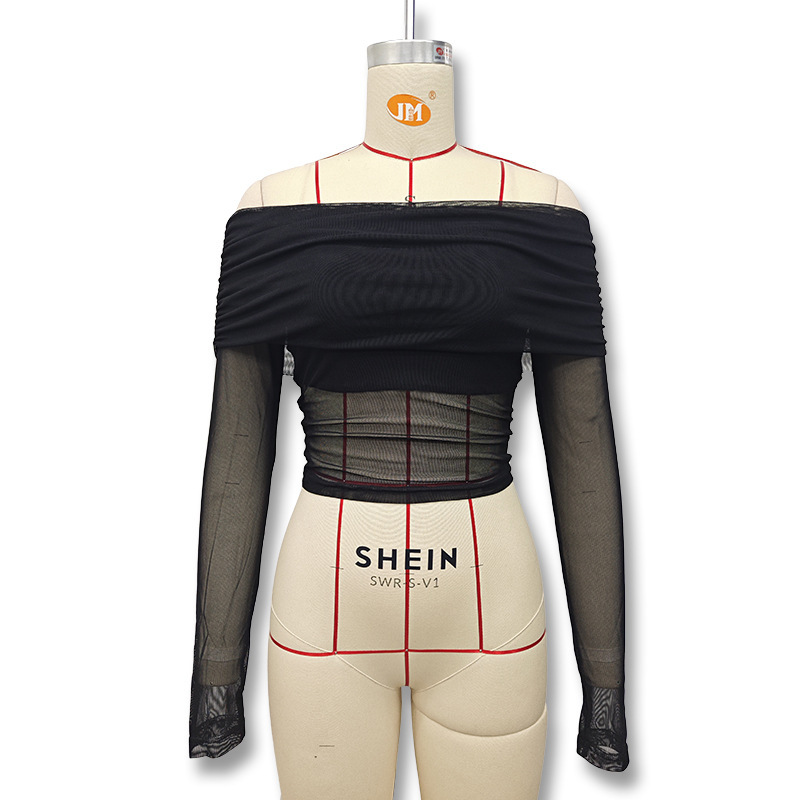 Damen Ein-schulter-netzoberteil Langarm Slim Fit Elegant Sommer_voghion.com