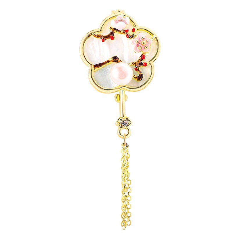 Retro diseño sentido ciruela orquídea crisantemo de bambú natural anti-Shell perla broche nicho estilo antiguo borla Mujer ramillete pin Accesorios