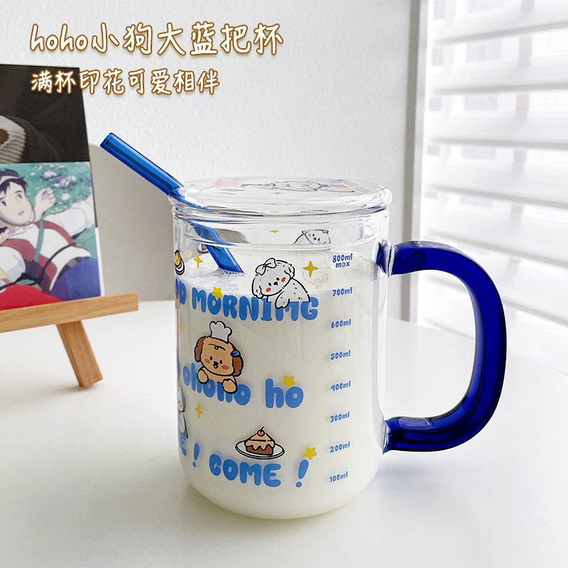 冬のホットミルクカップ高ホウ素シリコンガラスカップ高颜値女性ストロー朝食カップかわいいスケール豆乳カップ|undefined