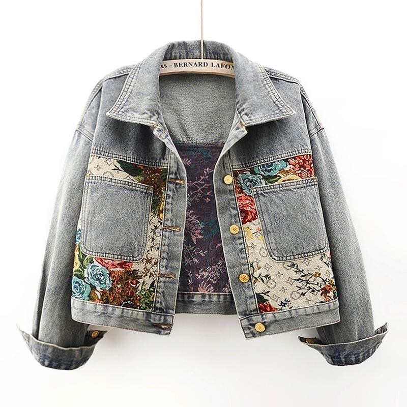 2025 New Autum Versatile Printed Splicing Long-Sleeved Lapel Denim Jacket Women's Short Petite Top Jacket