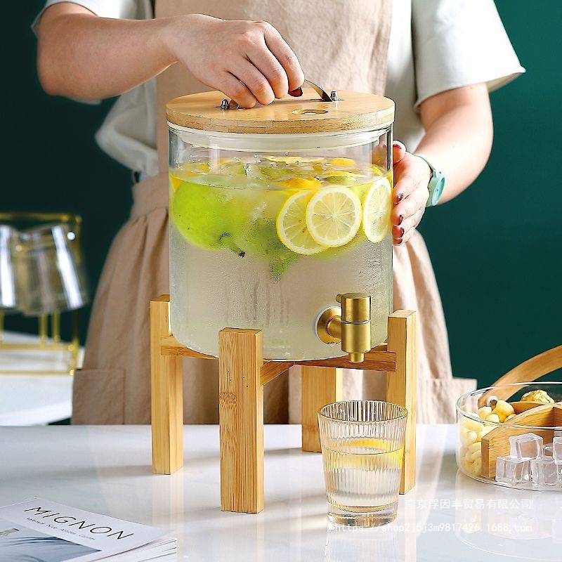 Hervidor de agua fría botella de vino de vidrio barril de bebida barril de cerveza con grifo frutas barril de té barril de jugo recipiente barril