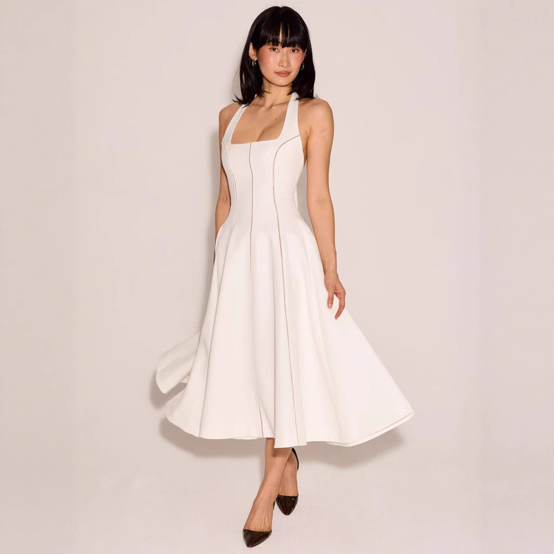 Cross-Border Summer New Women's Clothing European and American Style High-Waist Knotted Halterneck Mesh Stitching White Slim Long Dress