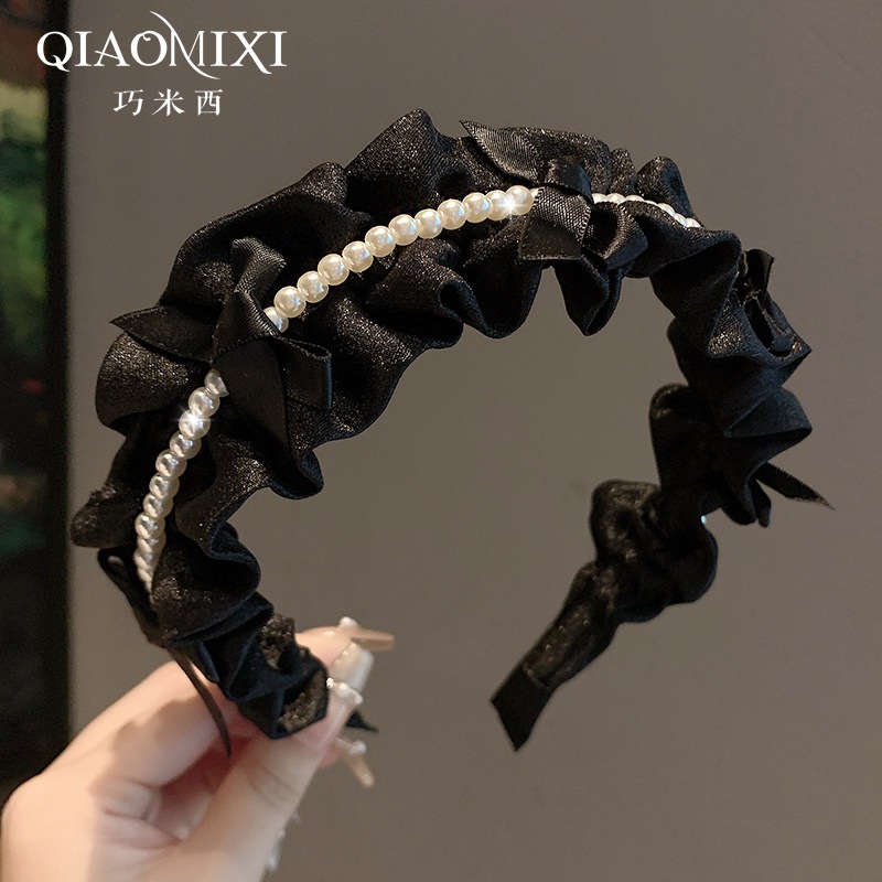 Verano coreano nuevo satén auricular borde perla temperamento dulce alta cráneo craneal tarjeta de cabello simple brazalete de cabeza universal