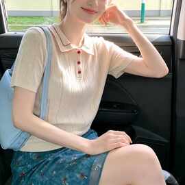 学院风撞色Polo衫短袖T恤女夏季翻领针织衫米白色休闲气质上衣女
