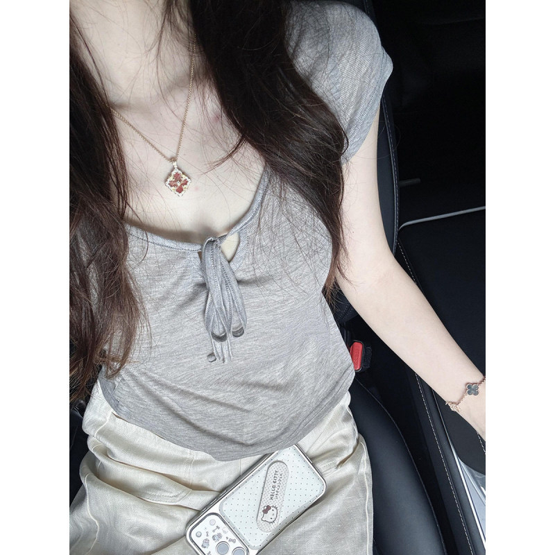 Ice-Feel Breathable Thin T-Shirt for Women, Summer Tie-Up V-Neck Waist-Cinching Base Shirt, Short-Sleeve Design Slim-Fit Top Ice-Feel Breathable Thin T-Shirt for Women, Summer Tie-Up V-Neck Waist-Cinching Base Shirt, Short-Sleeve Design Slim-Fit Top