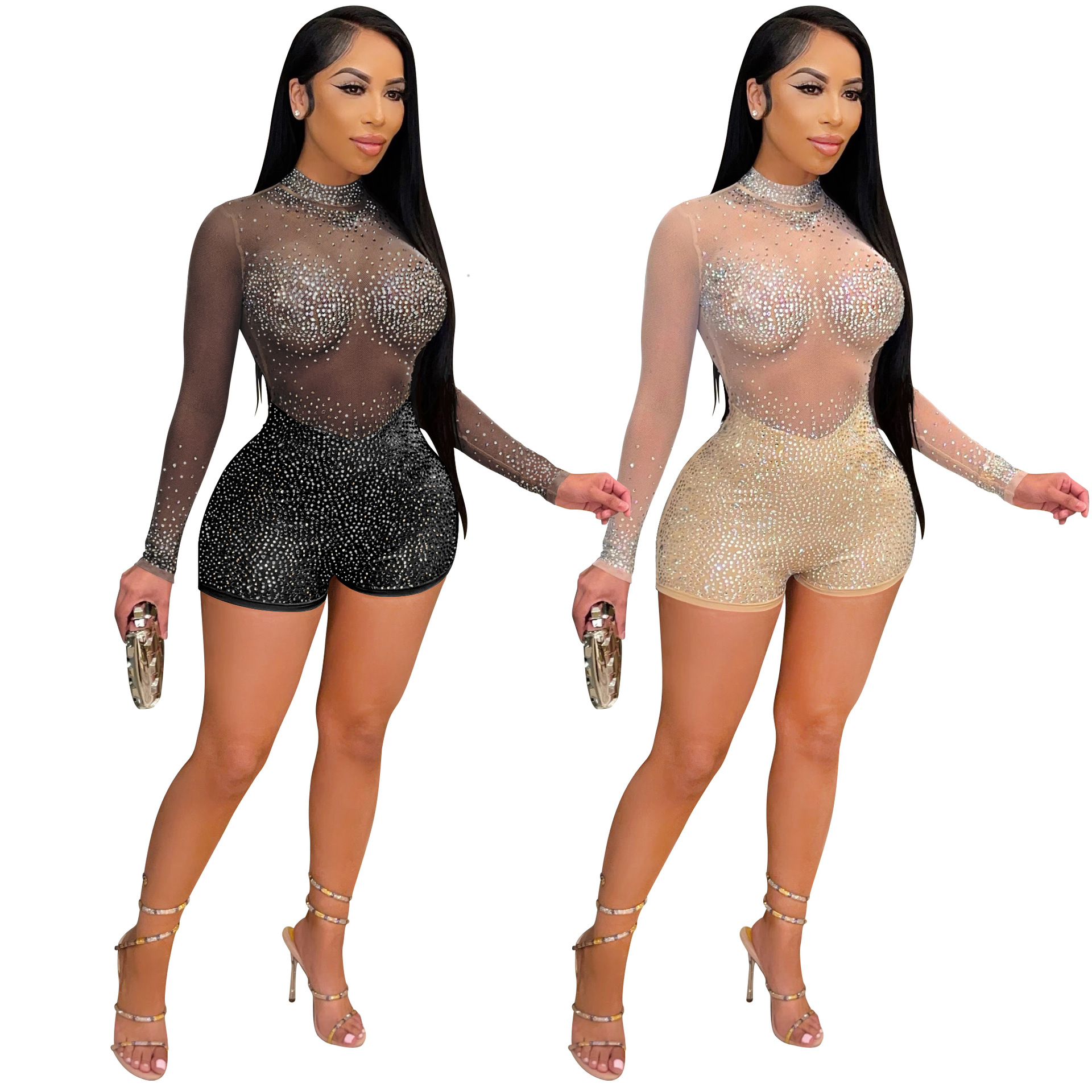 X5165 moda europea y americana eBay AliExpress sexy cuello redondo de manga larga del partido club nocturno rhinestone caliente perspectiva mono image 7