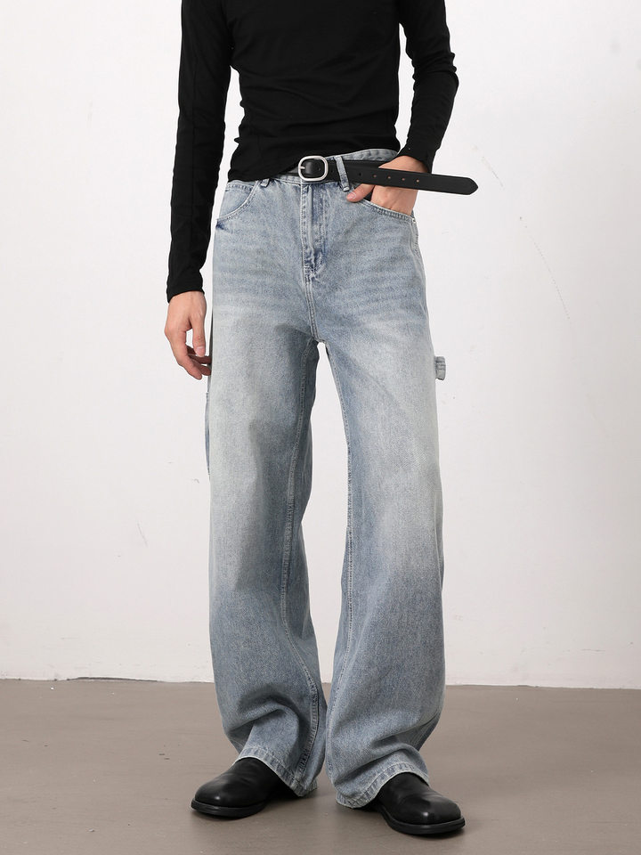 Quần jeans nam màu xanh nhạt dáng rộng ống đứng phong cách high street — Màu xanh dương