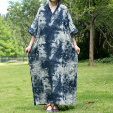 现货2025春夏新款女装印花棉麻连衣裙V领宽松长袍中袖长裙 水墨画