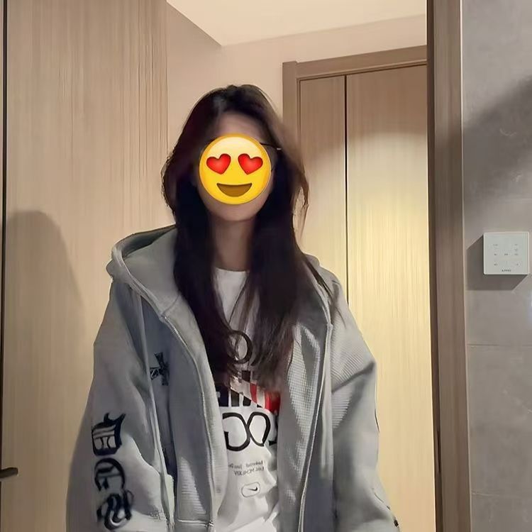 2025新款爆款华夫格灰色连帽卫衣女春秋宽松高级感情侣装开衫外套|undefined
