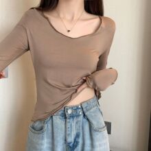 锁骨木耳边长袖t恤女2023秋季新款设计感短款上衣v领内搭打底衫