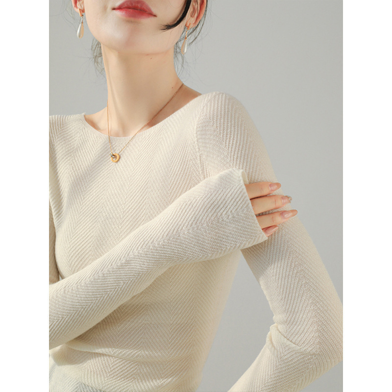 Hong Kong and American Apparel/2026 Spring New Women's Wool Textured Slim Fit Round Neck Base Layer Sweater