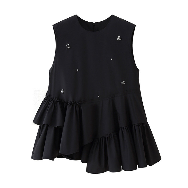 Beaded Ruffled Sleeveless Shirt for Women 2025 Summer New Style Asymmetrical Design Sense of Design Shirt