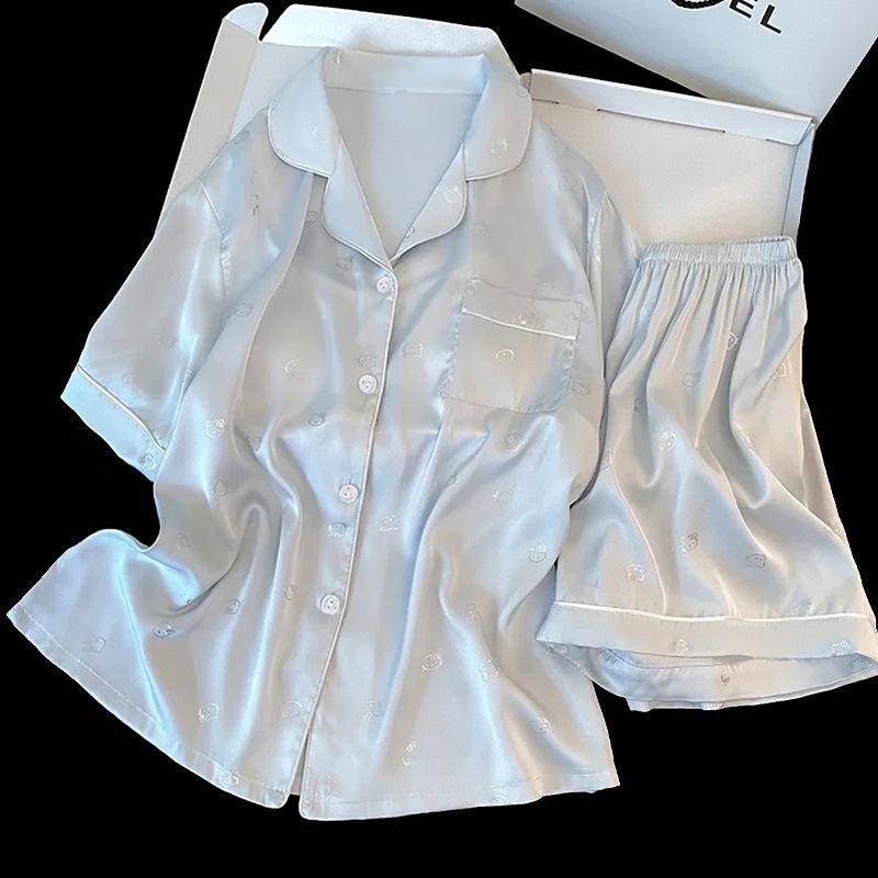 New Style Ice Silk Pajamas for Women in Summer, Cute Cat Jacquard Sweet Home Clothes, Short-Sleeved Shorts, Two-Piece Set for Women New Style Ice Silk Pajamas for Women in Summer, Cute Cat Jacquard Sweet Home Clothes, Short-Sleeved Shorts, Two-Piece Set for Women