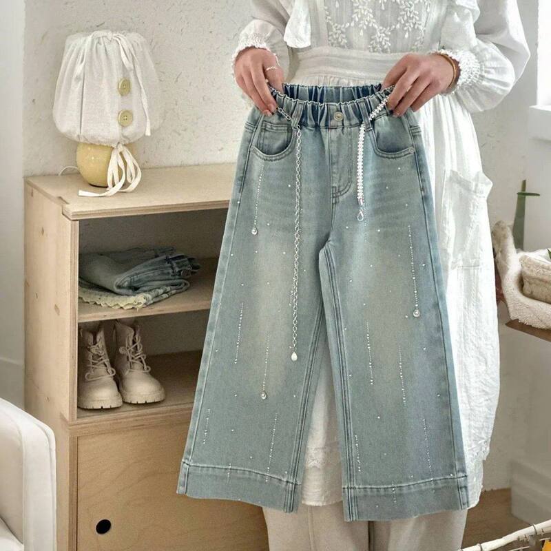 Girls' Pants Children's Jeans with Rhinestones 2026 Spring and Autumn New Starry Pattern Loose Wide-Leg Long Pants for Older Children Girls' Pants Children's Jeans with Rhinestones 2026 Spring and Autumn New Starry Pattern Loose Wide-Leg Long Pants for Older Children