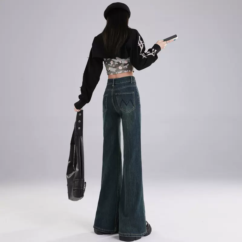 不贴腿微喇叭牛仔裤女秋冬季加绒加厚复古高腰显瘦小个子拖地长裤