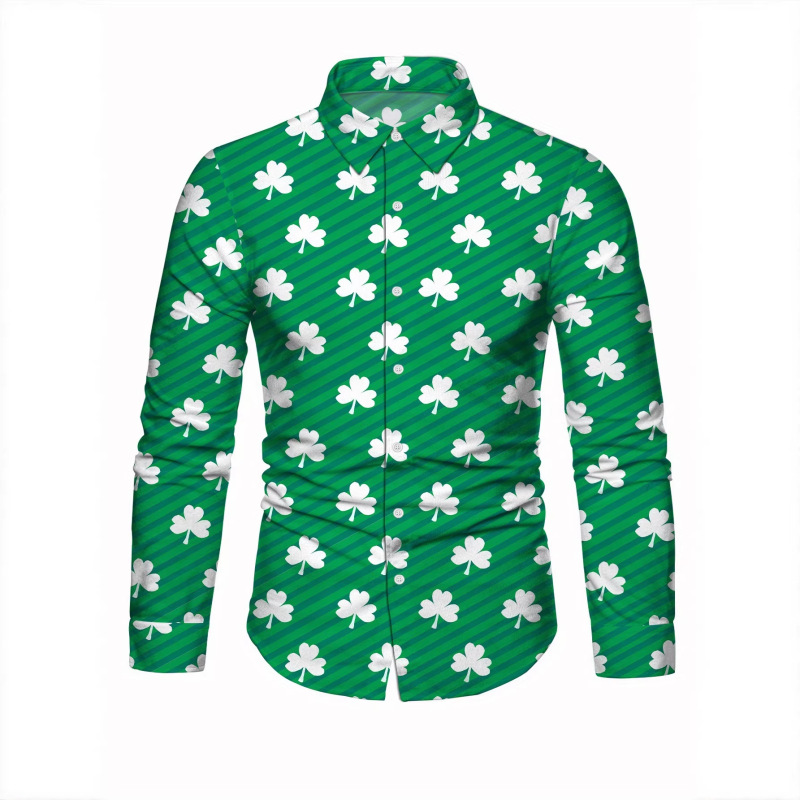 European and American Cross-Border Full-Print Clover Long-Sleeve Digital Print Shirt for St. Patrick's Day, Factory Supply
