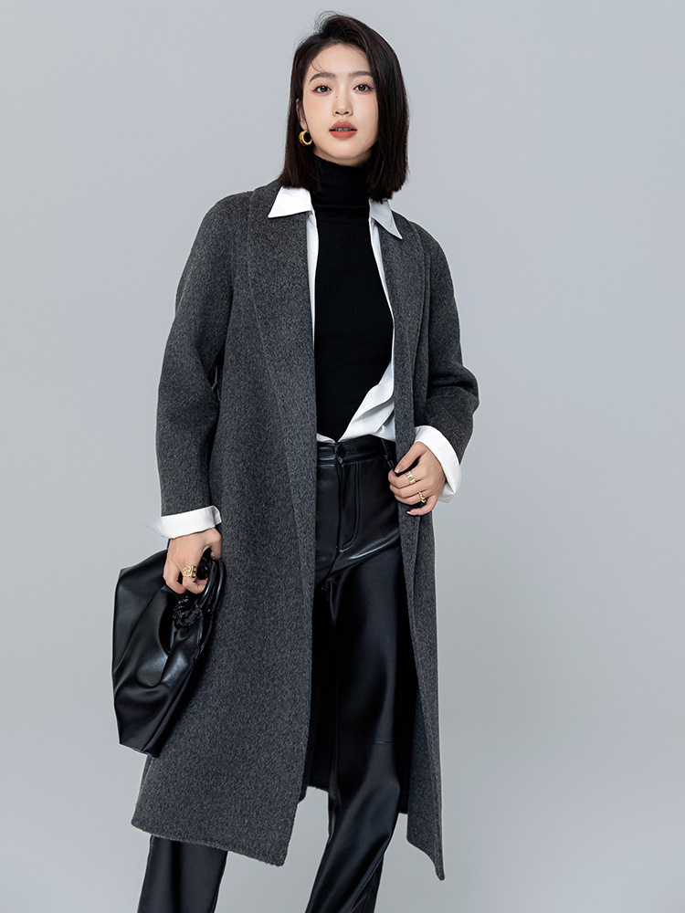 Autumn and Winter New Arrival Green Fruit Collar Camel Velvet Double-sided Wool Coat Women's Over-the-Knee Long Bathrobe Wool Coat