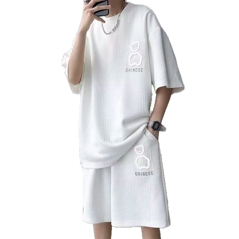 Source Fabricante Waffle Traje deportivo de ocio Oso de los hombres Verano suelto Adolescente Tops de manga corta Pantalones cortos