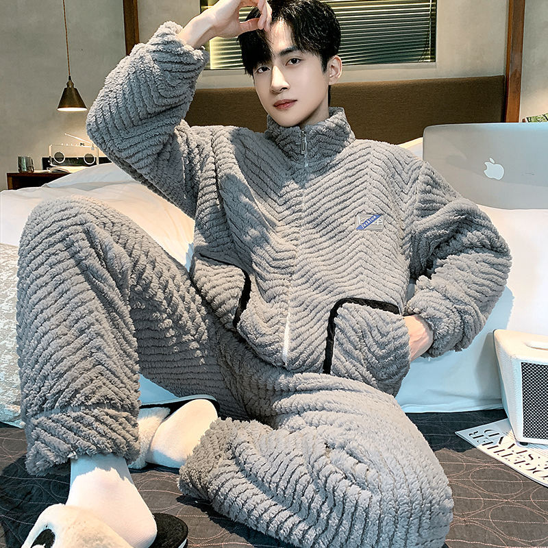 Pijamas de coral de lana de invierno para hombres con lana de invierno engrosado otoño invierno conjunto de ropa de franela 2025 nuevo