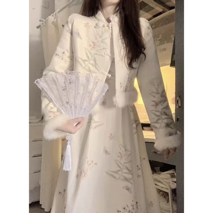富家千金风感套装裙2024秋冬复古国风连衣裙外套保暖两件装女|undefined