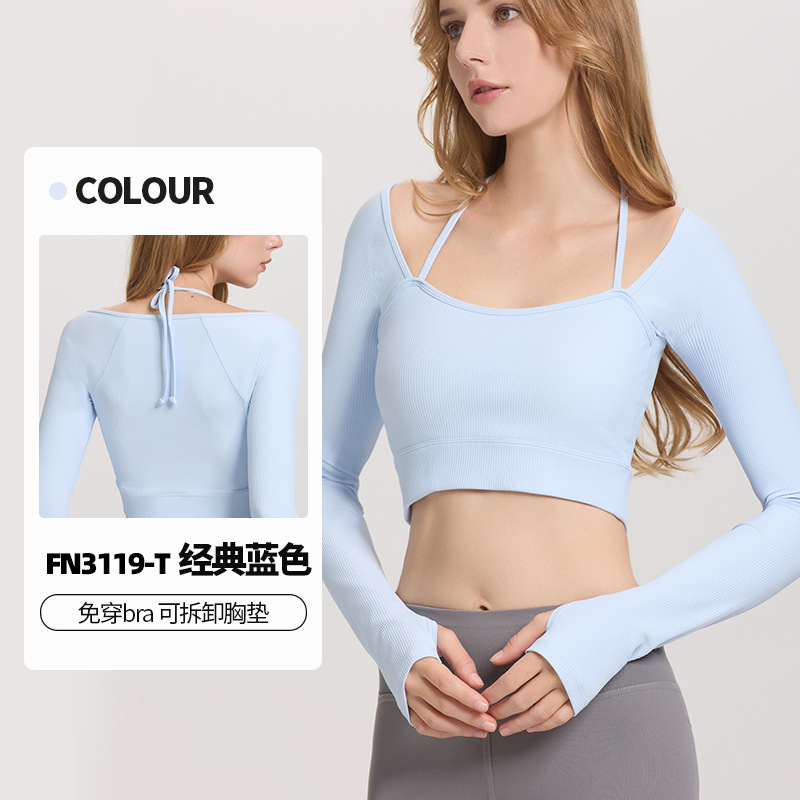 Otoño y invierno nuevo cuello de collar vestido de pecho de manga larga mujer hilo ombligo corto apertado alto elástico chaqueta de fitness