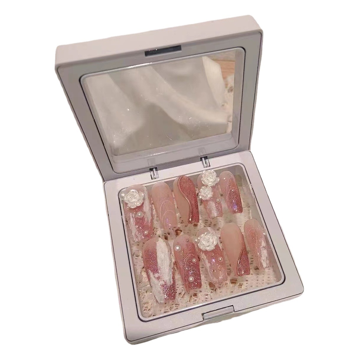 Hecho a mano de fototerapia de uñas de desgaste de la flor de la Camelia Rosa desgaste de uñas al por mayor producto terminado reutilización parche de uñas