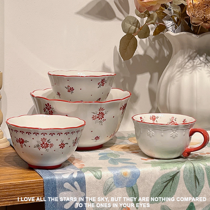 Small red flower ceramic plate rice bowl girl's heart High-looking flower deep plate rice plate household breakfast plate yogurt bowl