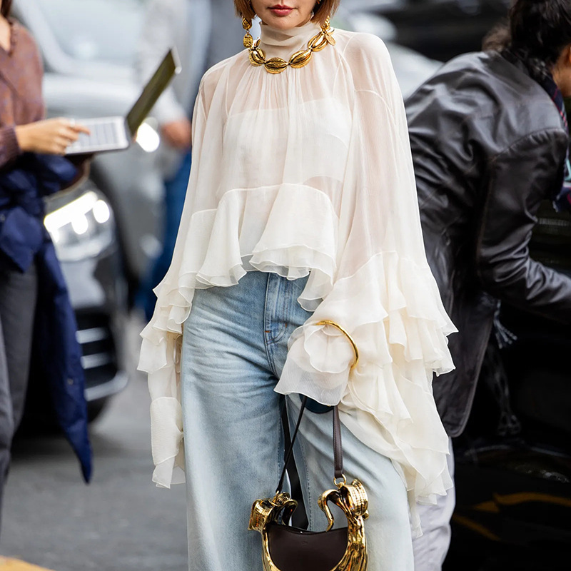 Fashionable Casual Style Women's Shirt 2026 Summer New Elegant Mesh Ruffle Design Long-Sleeve Top Fashionable Casual Style Women's Shirt 2026 Summer New Elegant Mesh Ruffle Design Long-Sleeve Top